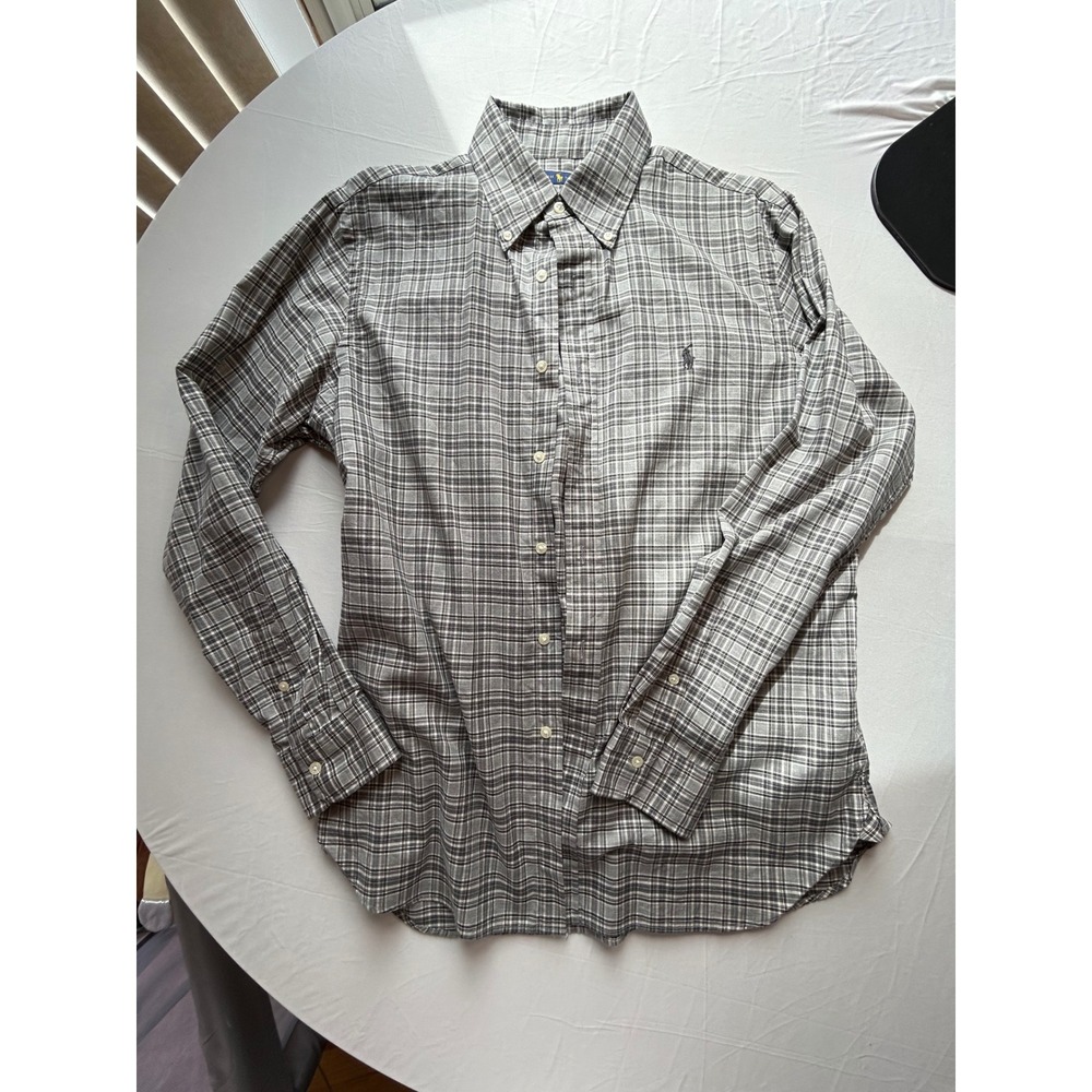 Ralph Lauren Mens Grey Plaid Button Down Shirt Long Sleeve Pony Logo Size M